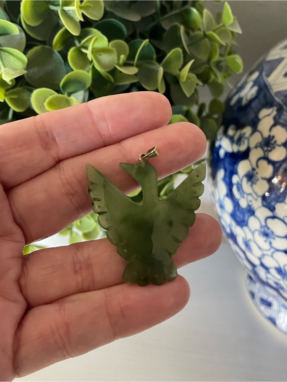 Vintage Hand Carved  green nephrite jade eagle pendant